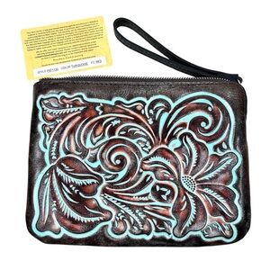 NWOT Patricia Nash Boho Turquoise Tooled Cassini Leather Wristlet Clutch Purse